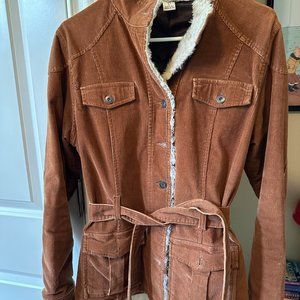 Prana corduroy belted jacket with sherpa trim.